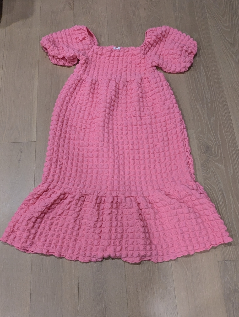 Pink Textured Puff-Sleeve Dress